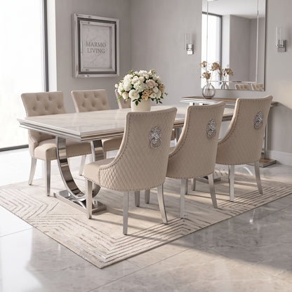 Ariana White Marble Dining Set with Majestic Mink Velvet Chairs