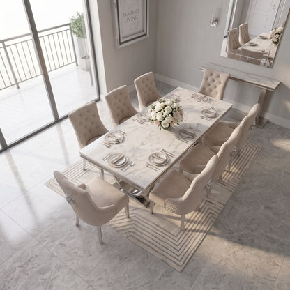 Ariana White Marble Dining Set with Majestic Mink Velvet Chairs