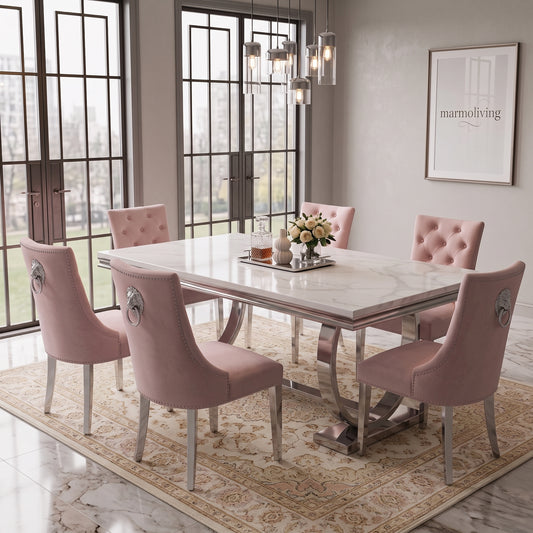 Ariana White Marble Dining Set with Majestic Pink Velvet Chairs