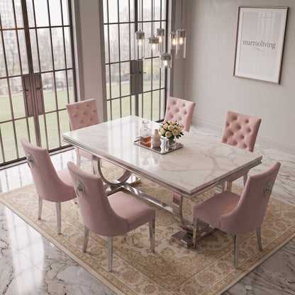 Ariana White Marble Dining Set with Majestic Pink Velvet Chairs