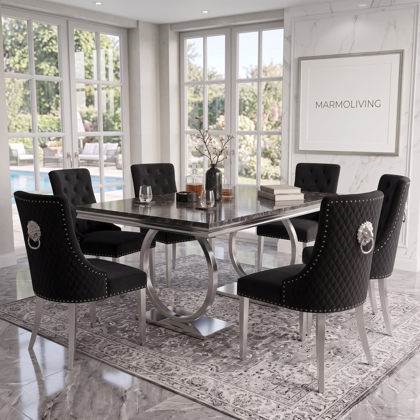 Ariana black marble dining set with Majestic black velvet chairs - front view
