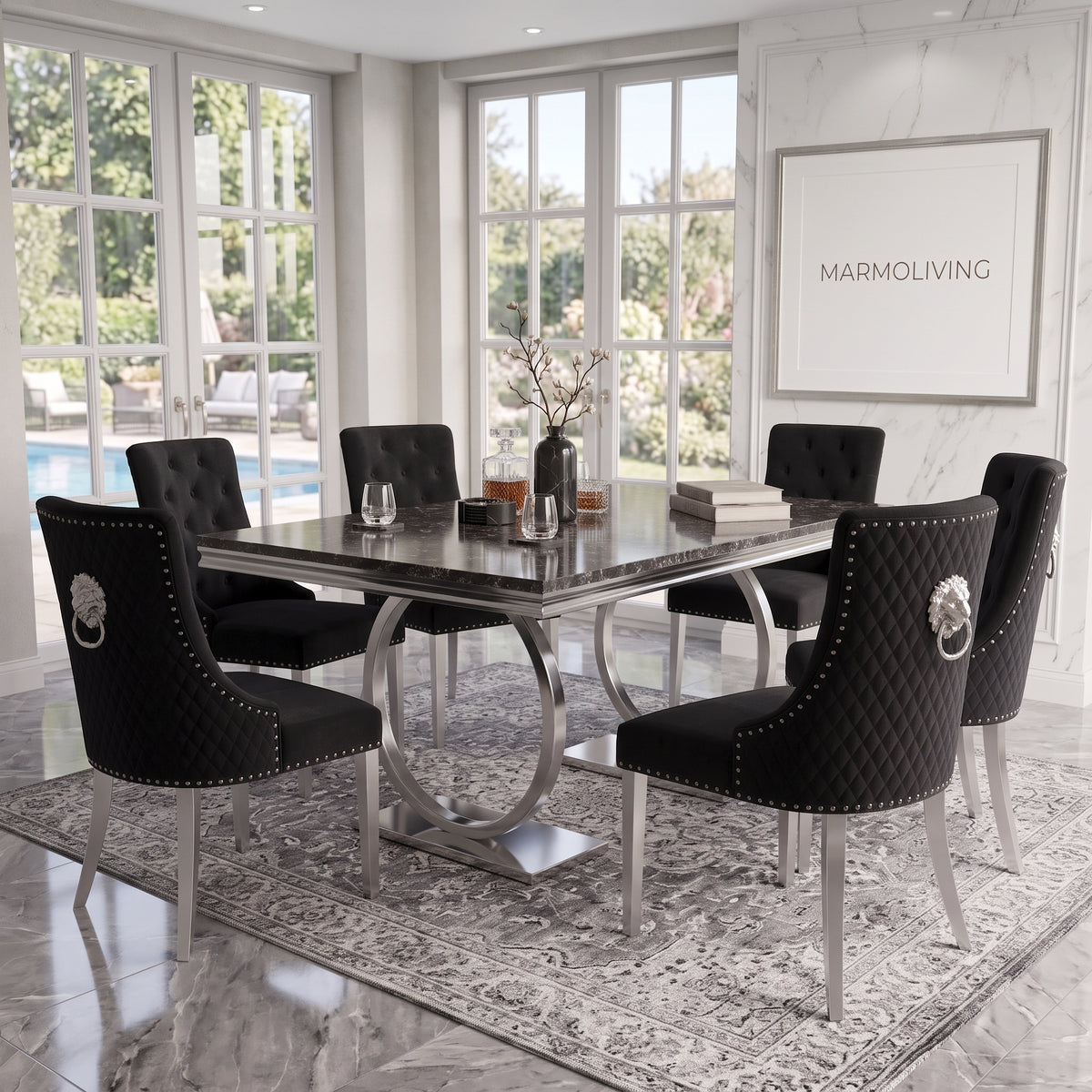 Ariana black marble dining set with Majestic black velvet chairs - front view