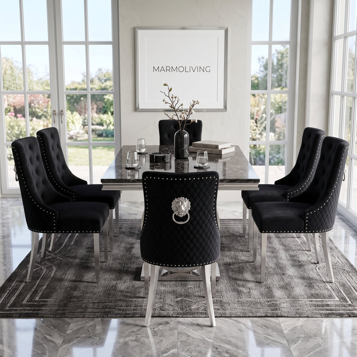 Ariana black marble dining set with Majestic black velvet chairs - side view