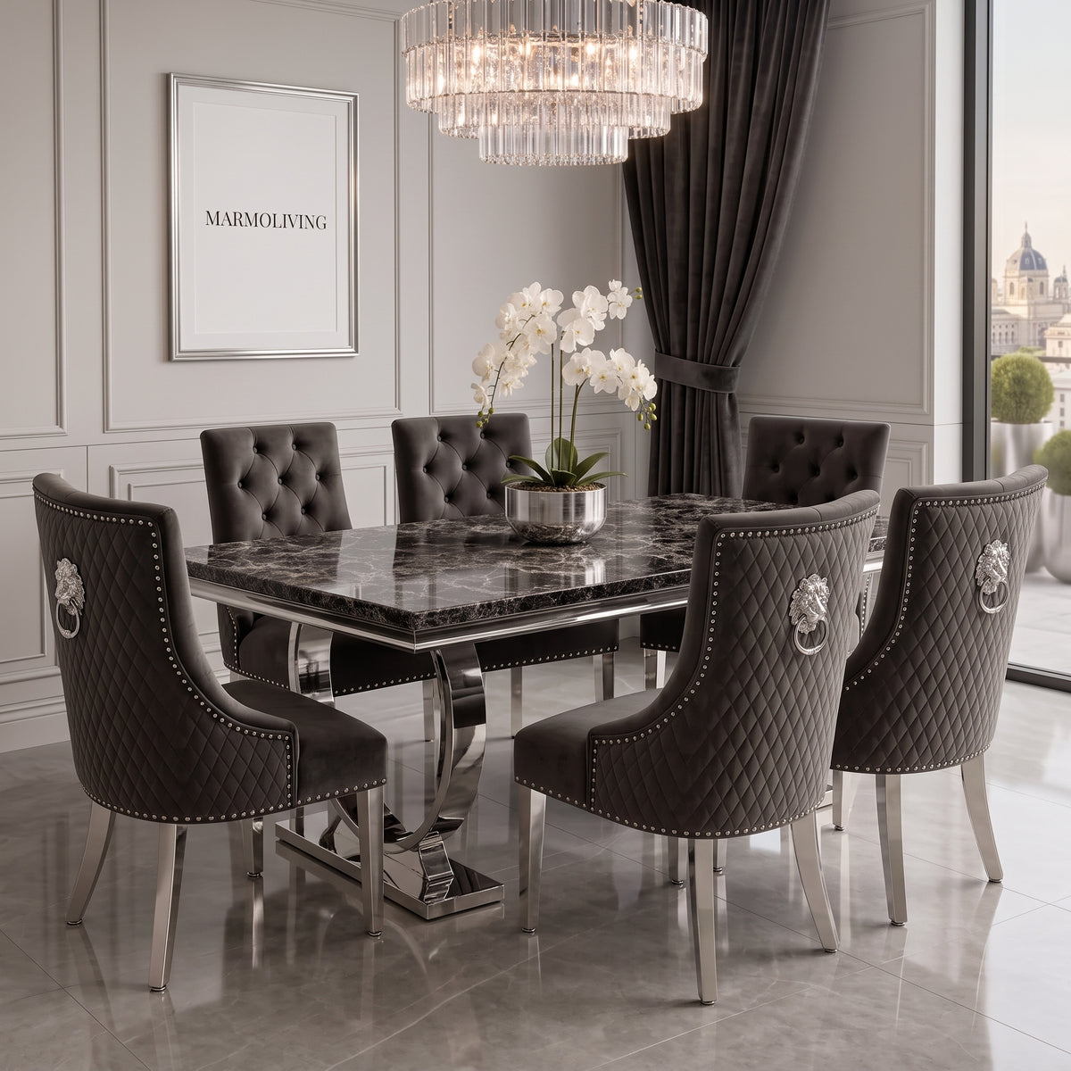 Ariana black marble dining set with Majestic dark grey velvet chairs - front view