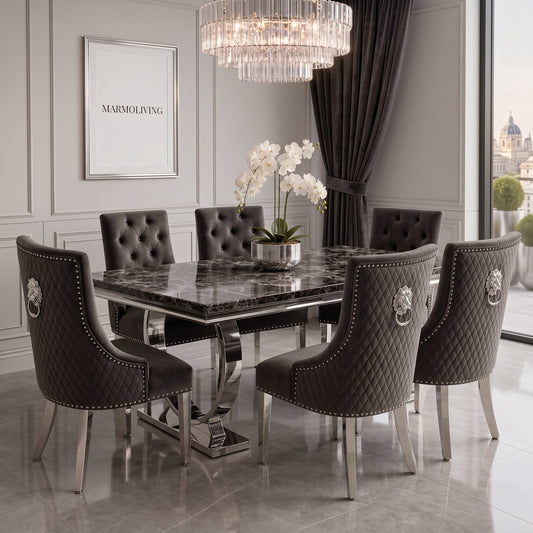 Ariana black marble dining set with Majestic dark grey velvet chairs - front view