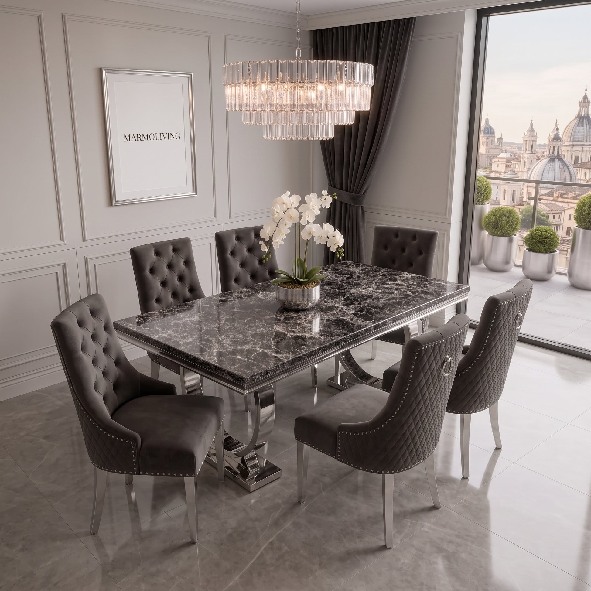 Ariana black marble dining set with Majestic dark grey velvet chairs - side view