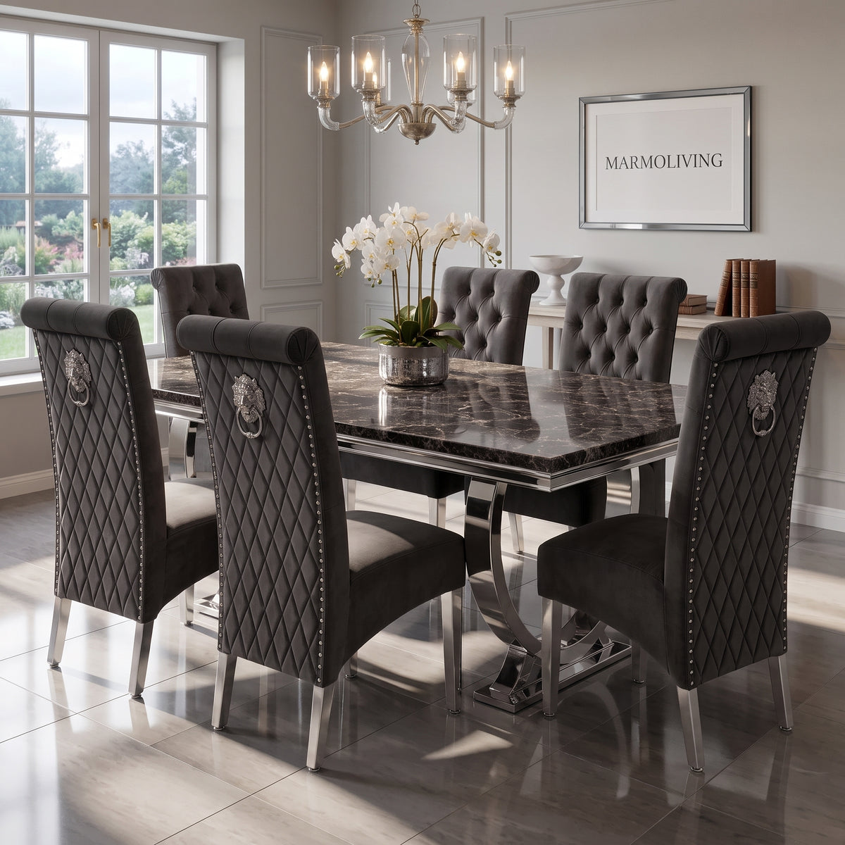 Ariana black marble dining set with Lucy dark grey velvet chairs - detail view