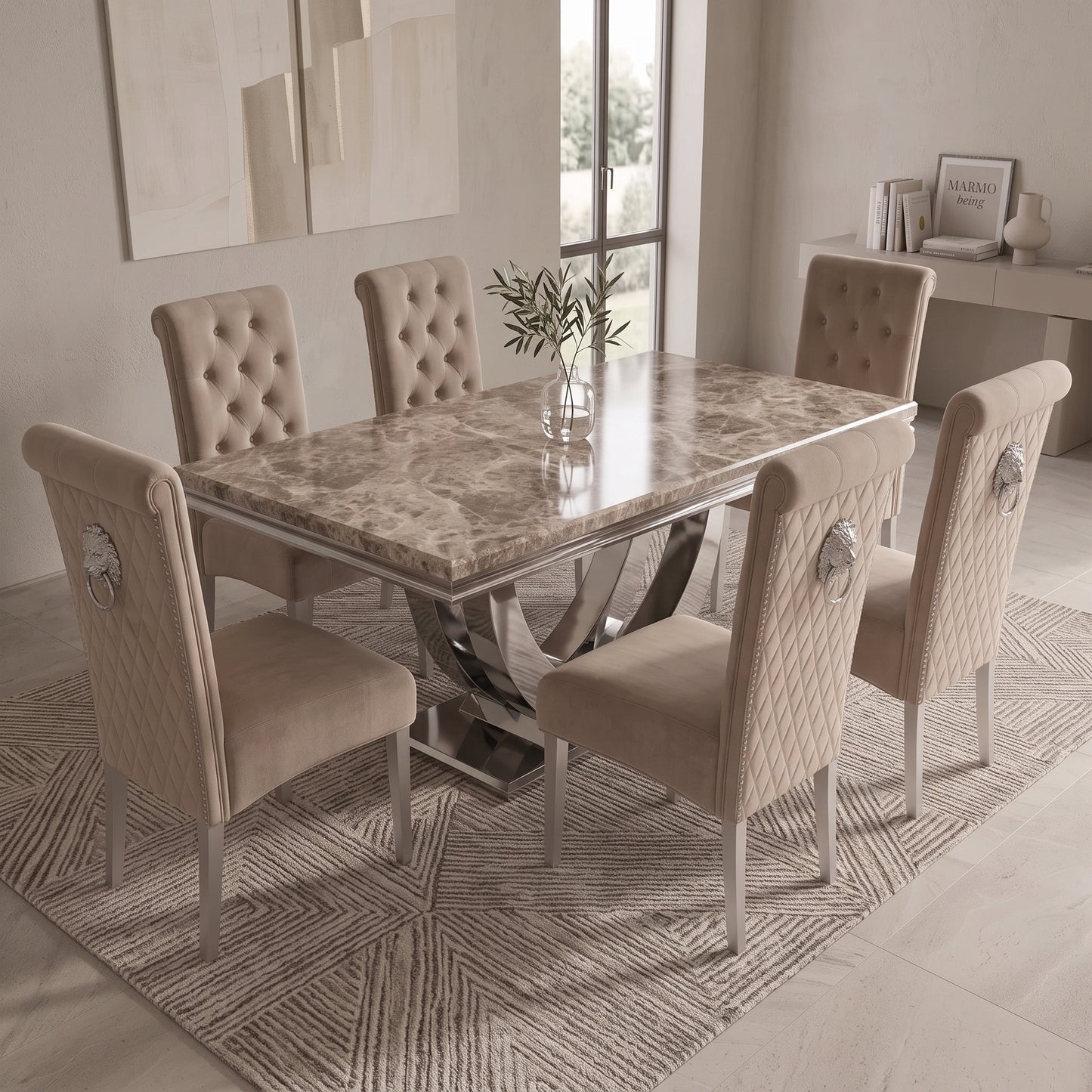 Ariel Beige Marble Dining Set with Lucy Mink Velvet Chairs