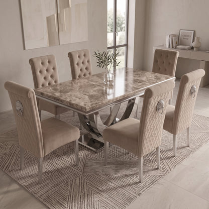 Ariel Beige Marble Dining Set with Lucy Mink Velvet Chairs
