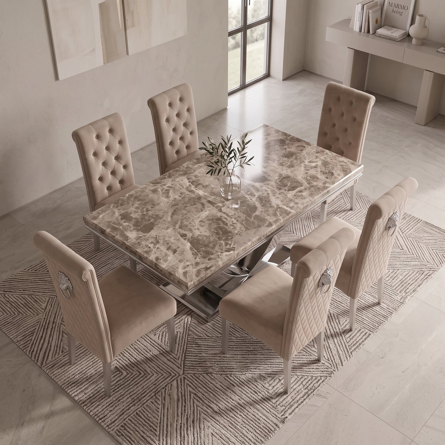 Ariel Beige Marble Dining Set with Lucy Mink Velvet Chairs