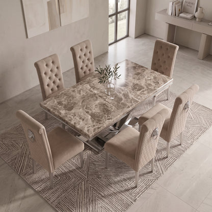 Ariel Beige Marble Dining Set with Lucy Mink Velvet Chairs