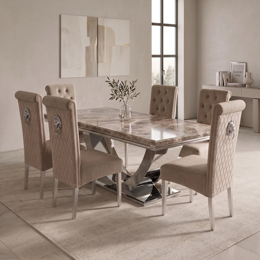 Ariel Beige Marble Dining Set with Lucy Mink Velvet Chairs