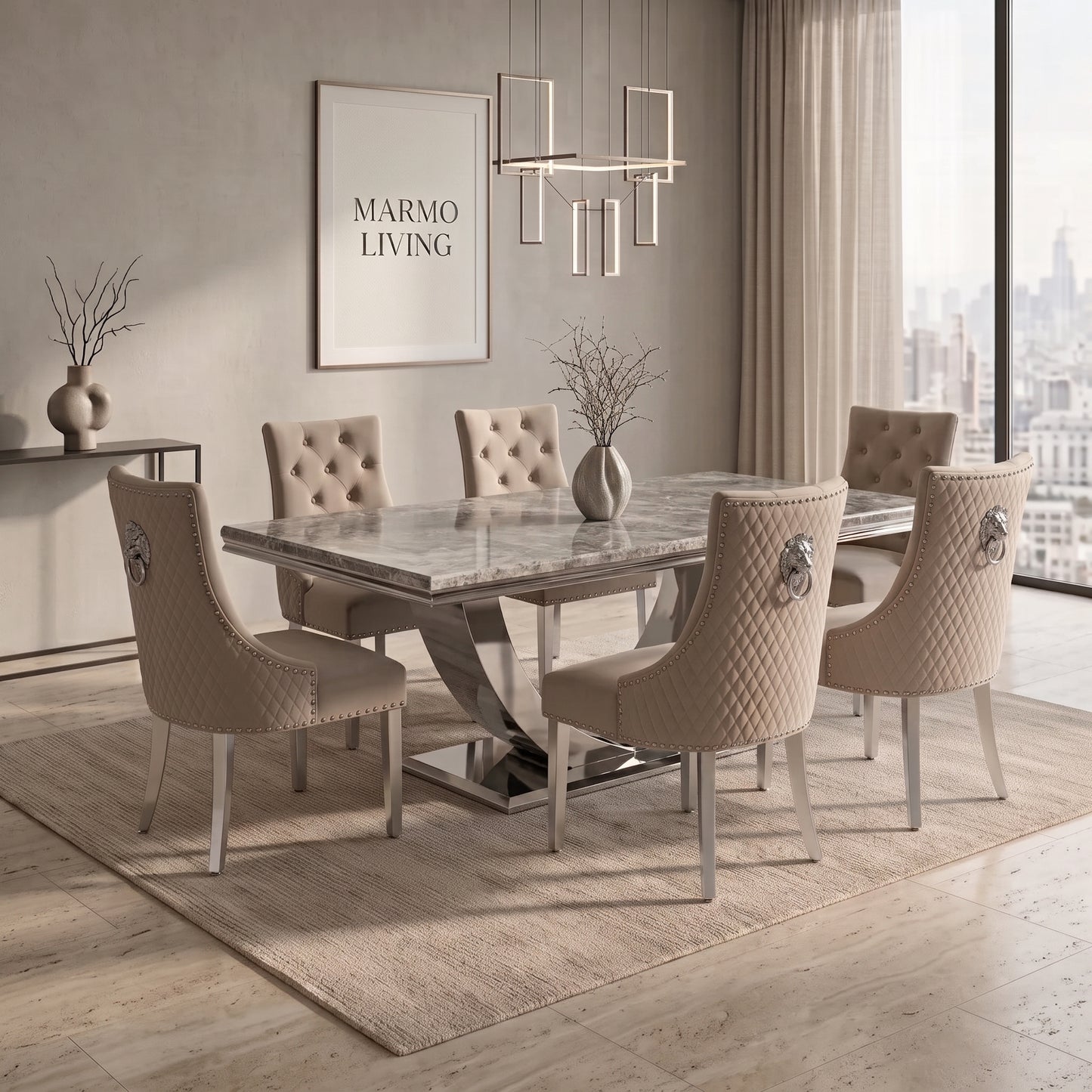 Ariel Beige Marble Dining Set with Majestic Mink Velvet Chairs