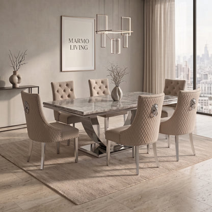 Ariel Beige Marble Dining Set with Majestic Mink Velvet Chairs