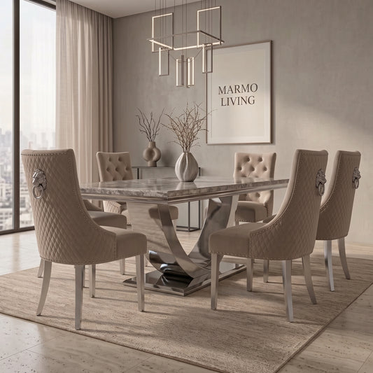 Ariel Beige Marble Dining Set with Majestic Mink Velvet Chairs
