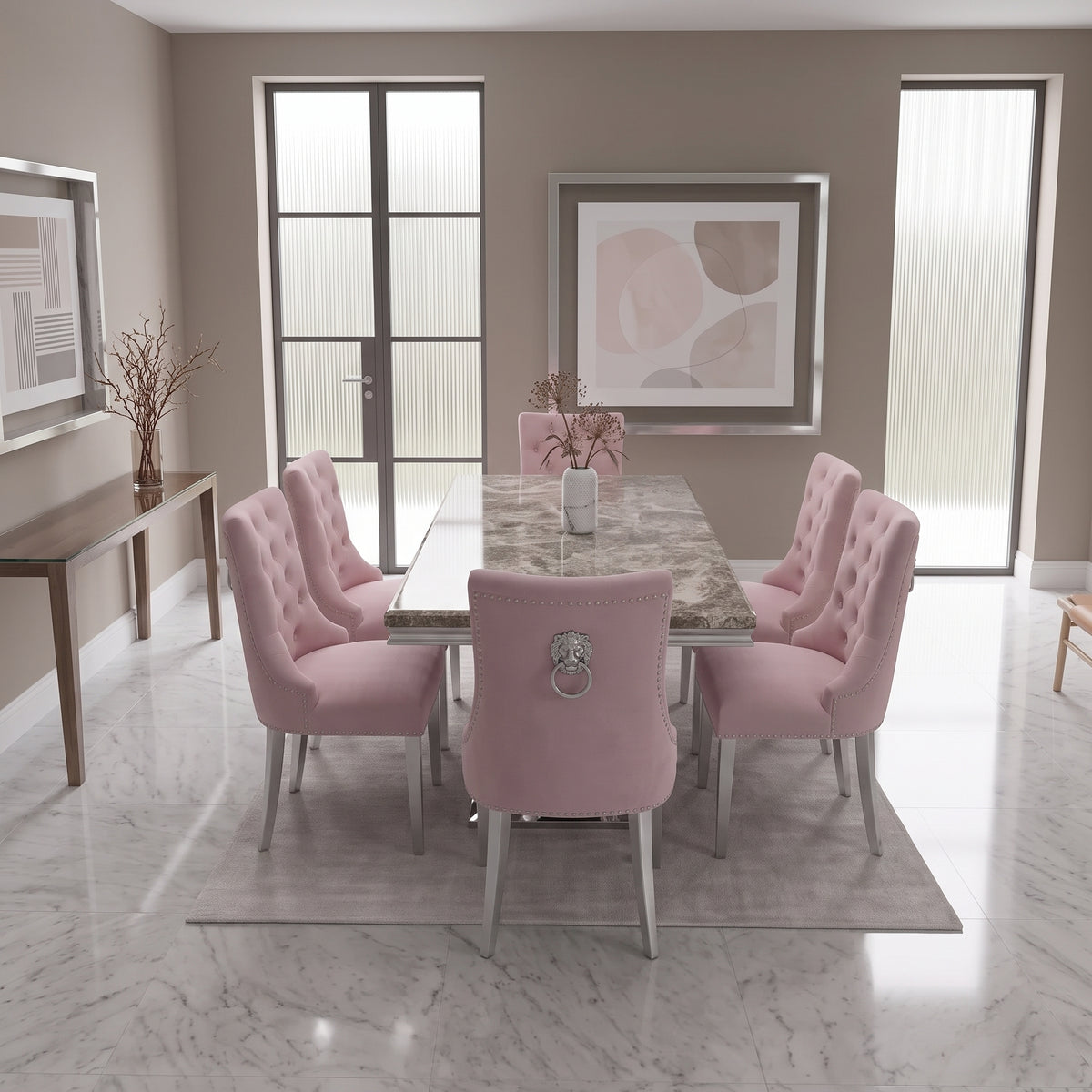 Ariel Beige Marble Dining Set with Majestic Pink Velvet Chairs