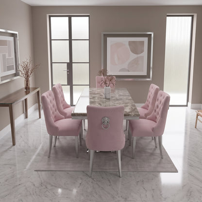 Ariel Beige Marble Dining Set with Majestic Pink Velvet Chairs