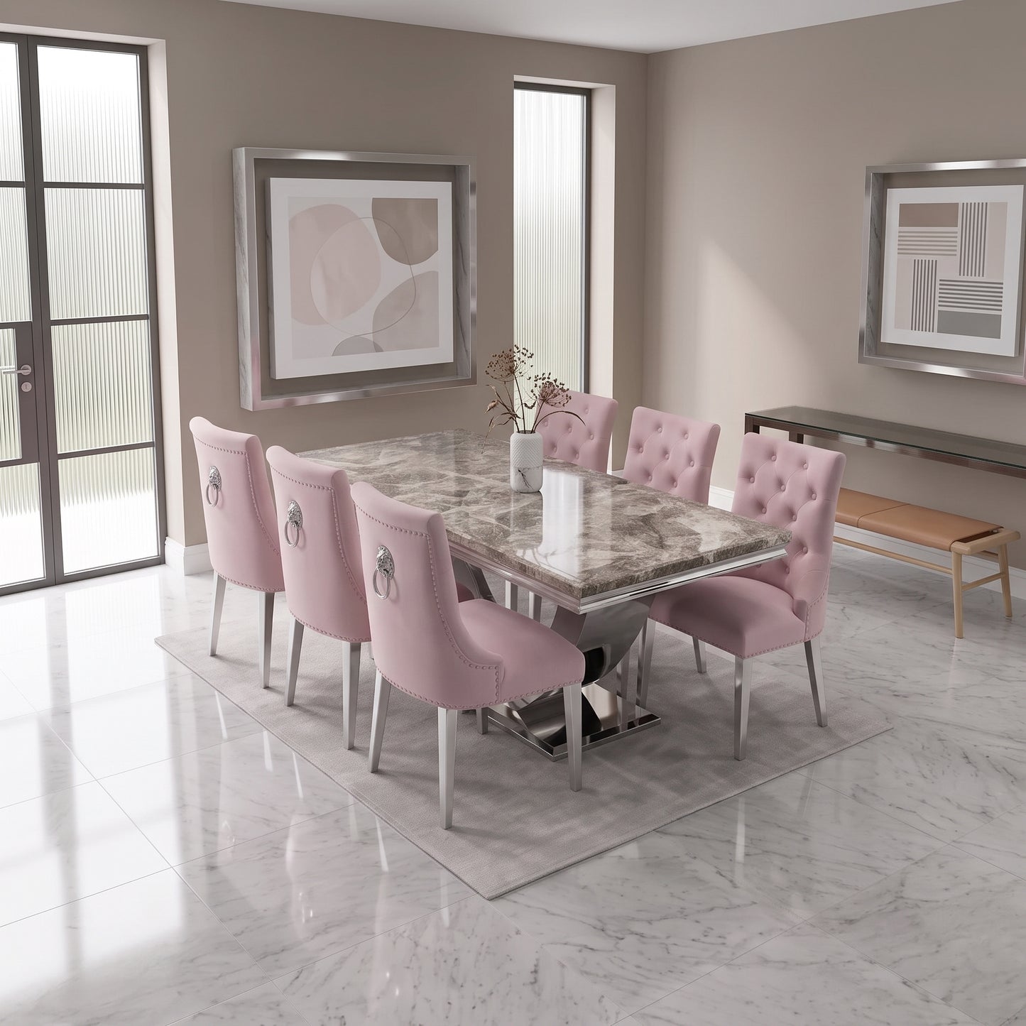 Ariel Beige Marble Dining Set with Majestic Pink Velvet Chairs