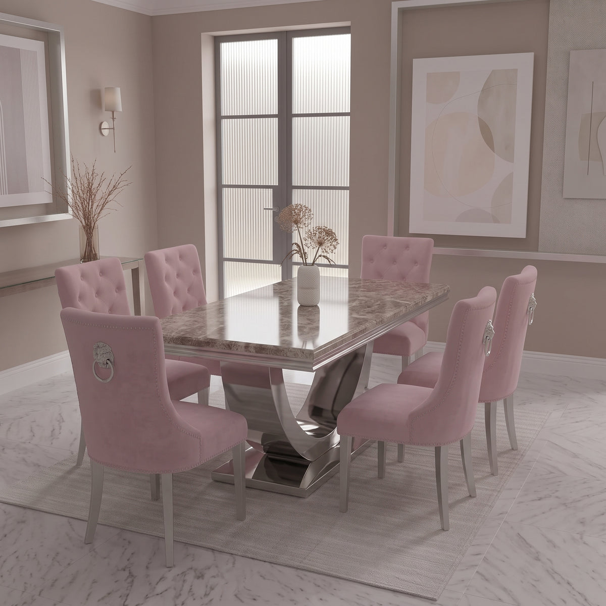 Ariel Beige Marble Dining Set with Majestic Pink Velvet Chairs