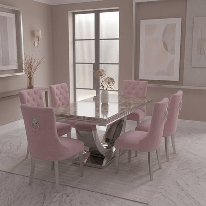 Ariel Beige Marble Dining Set with Majestic Pink Velvet Chairs