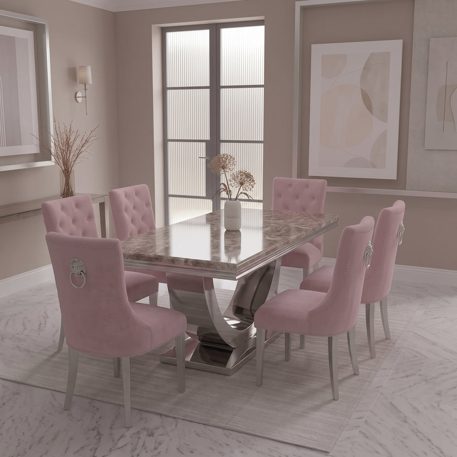 Ariel Beige Marble Dining Set with Majestic Pink Velvet Chairs
