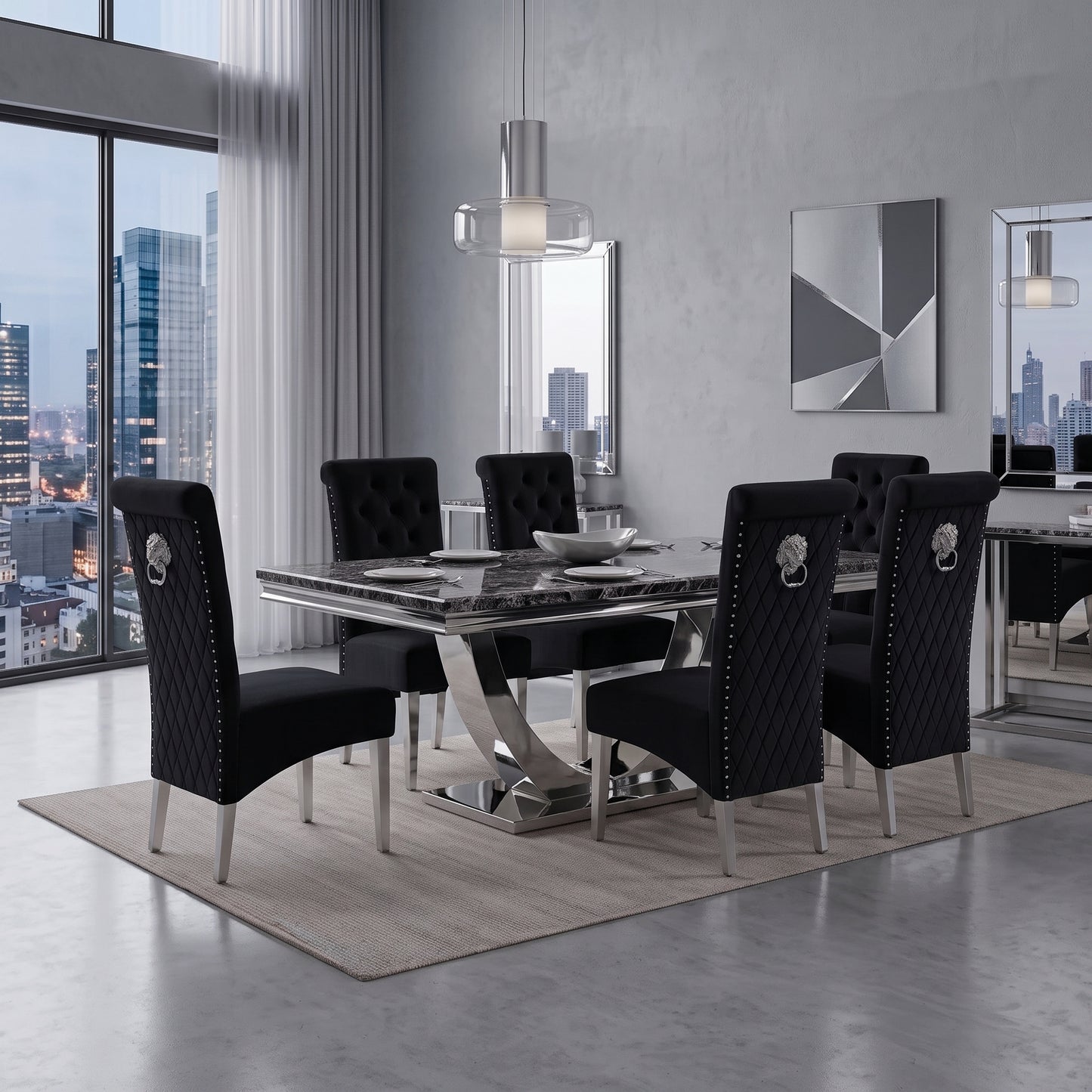 Ariel Black Marble Dining Set with Lucy Black Velvet Chairs
