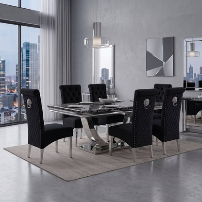 Ariel Black Marble Dining Set with Lucy Black Velvet Chairs