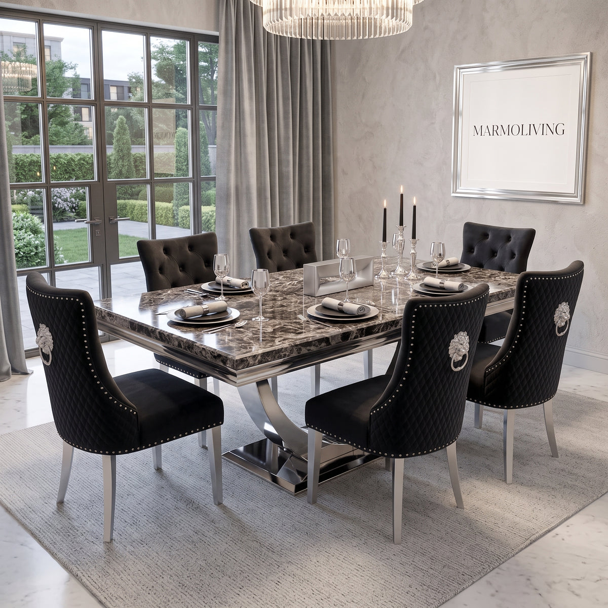 Ariel Black Marble Dining Set with Majestic Black Velvet Chairs