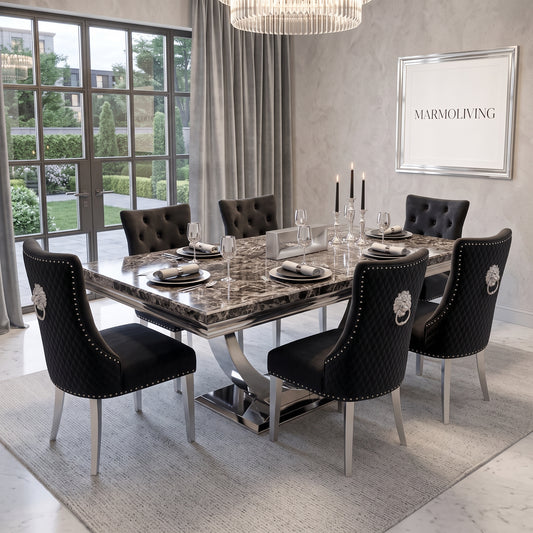 Ariel Black Marble Dining Set with Majestic Black Velvet Chairs