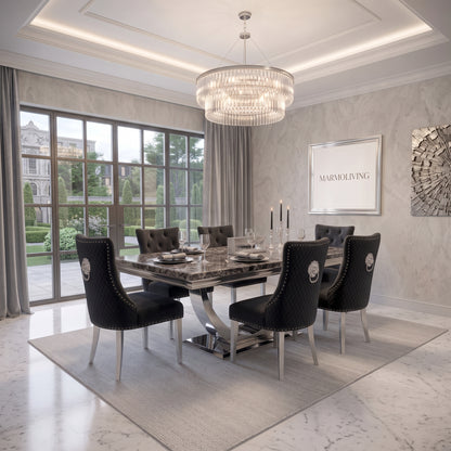 Ariel Black Marble Dining Set with Majestic Black Velvet Chairs