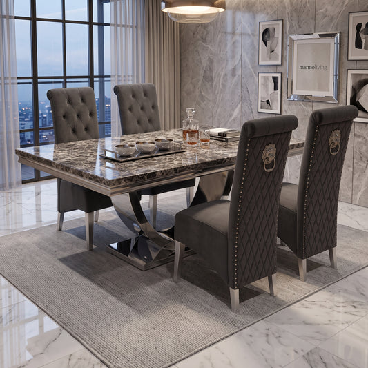 Ariel Black Marble Dining Set with Lucy Dark Grey Velvet Chairs