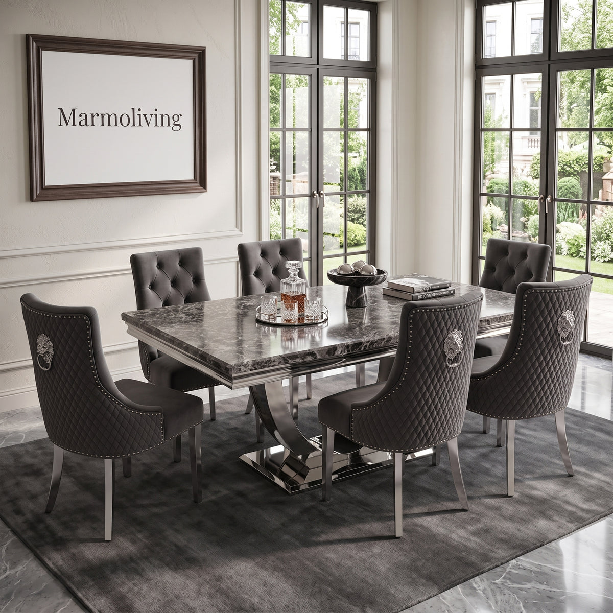 Ariel Black Marble Dining Set with Majestic Dark Grey Velvet Chairs
