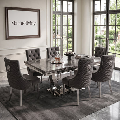 Ariel Black Marble Dining Set with Majestic Dark Grey Velvet Chairs