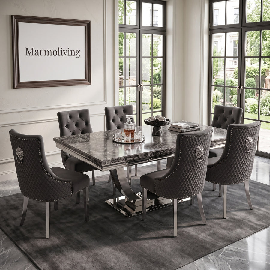 Ariel Black Marble Dining Set with Majestic Dark Grey Velvet Chairs