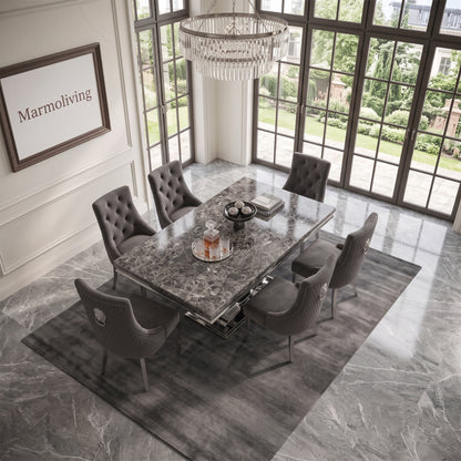 Ariel Black Marble Dining Set with Majestic Dark Grey Velvet Chairs