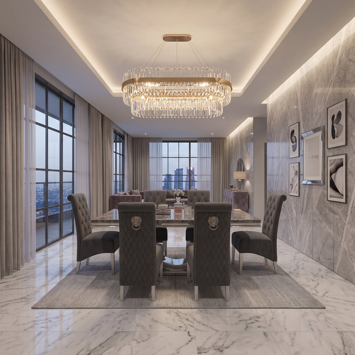Ariel Black Marble Dining Set with Lucy Dark Grey Velvet Chairs