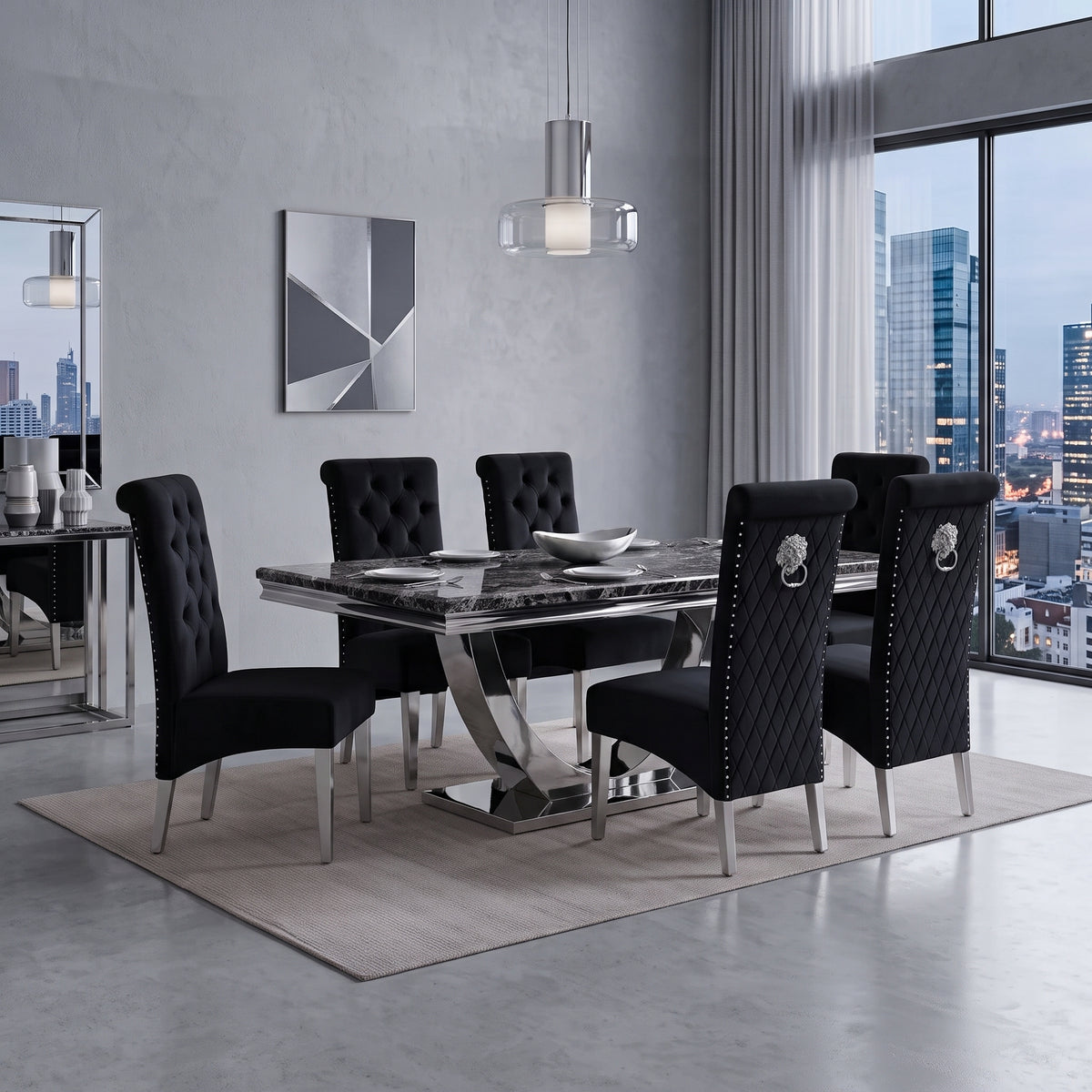 Ariel Black Marble Dining Set with Lucy Black Velvet Chairs
