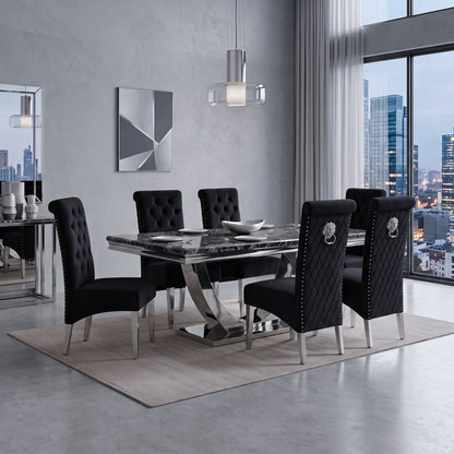 Ariel Black Marble Dining Set with Lucy Black Velvet Chairs