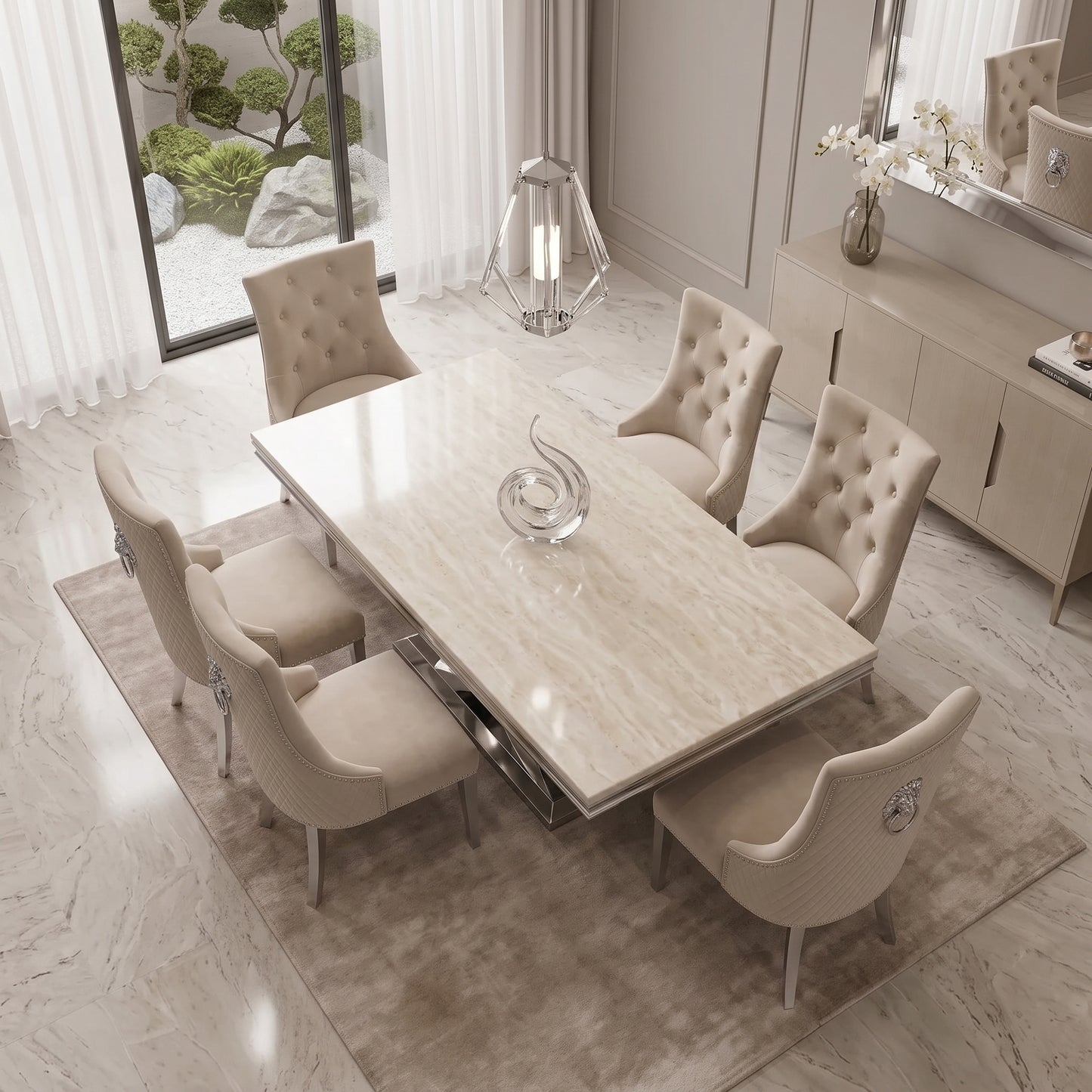 Ariel Cream Marble Dining Set with Majestic Mink Velvet Chairs