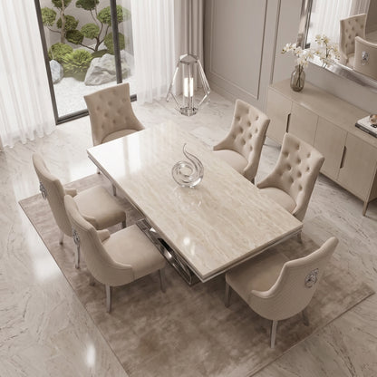 Ariel Cream Marble Dining Set with Majestic Mink Velvet Chairs