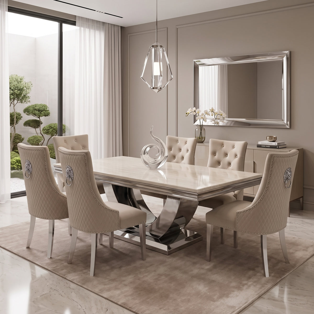 Ariel Cream Marble Dining Set with Majestic Mink Velvet Chairs