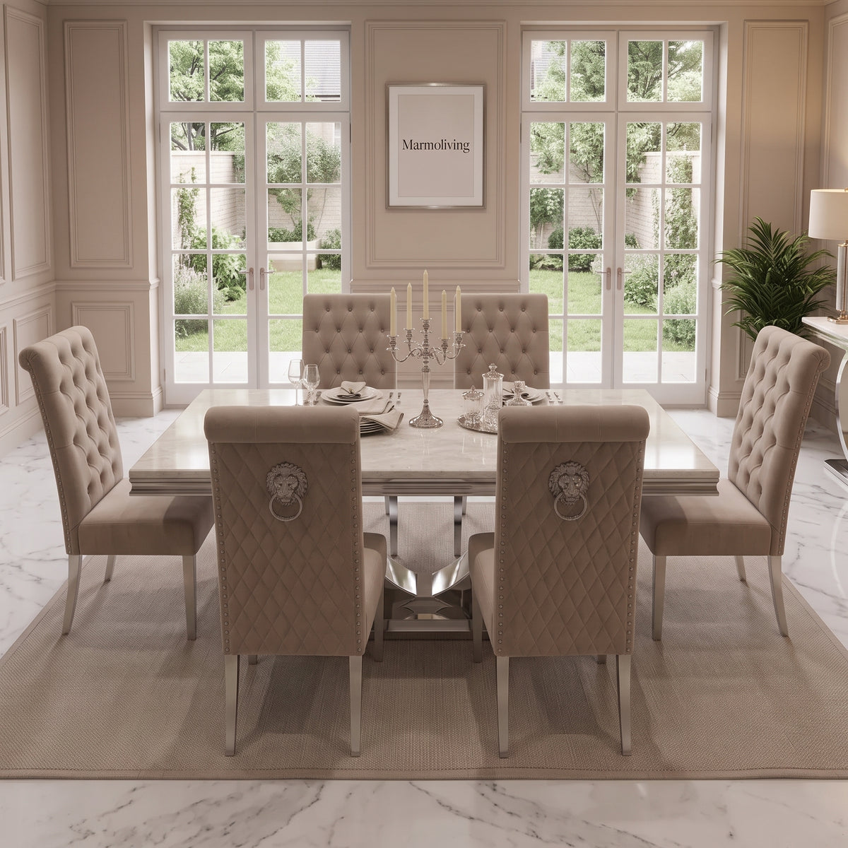 Ariel Cream Marble Dining Set with Lucy Mink Velvet Chairs