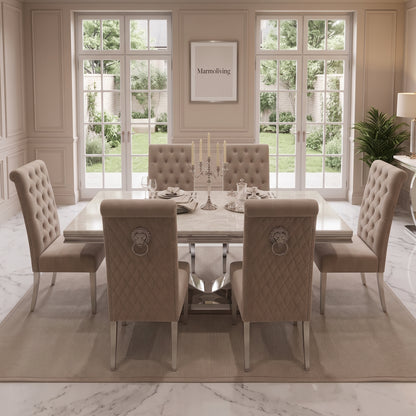 Ariel Cream Marble Dining Set with Lucy Mink Velvet Chairs