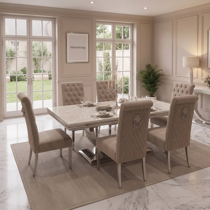 Ariel Cream Marble Dining Set with Lucy Mink Velvet Chairs