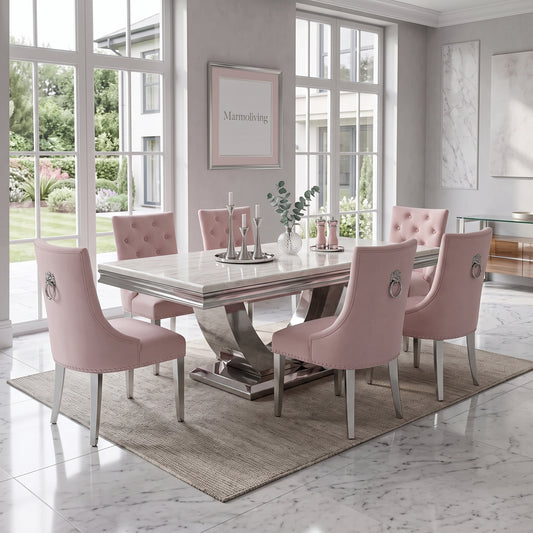 Ariel Cream Marble Dining Set with Majestic Pink Velvet Chairs