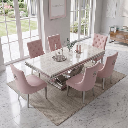 Ariel Cream Marble Dining Set with Majestic Pink Velvet Chairs