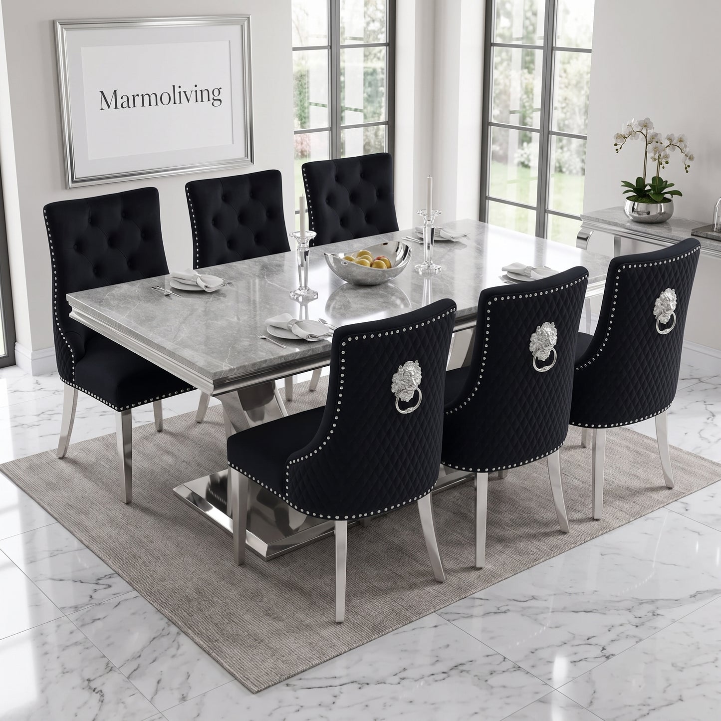 Ariel Grey Marble Dining Set with Majestic Black Velvet Chairs