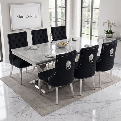 Ariel Grey Marble Dining Set with Majestic Black Velvet Chairs