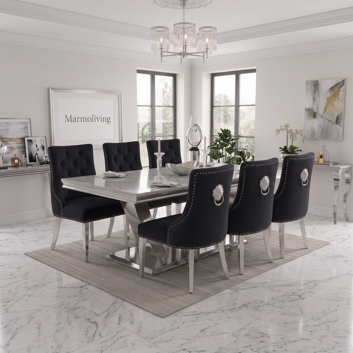 Ariel Grey Marble Dining Set with Majestic Black Velvet Chairs