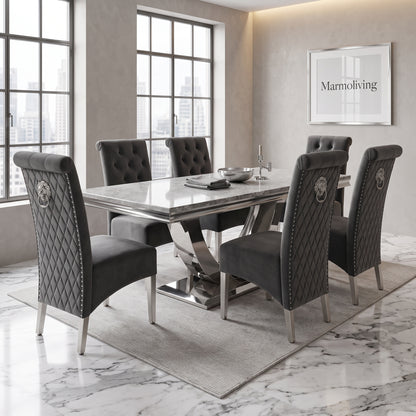 Ariel Grey Marble Dining Set with Lucy Dark Grey Velvet Chairs